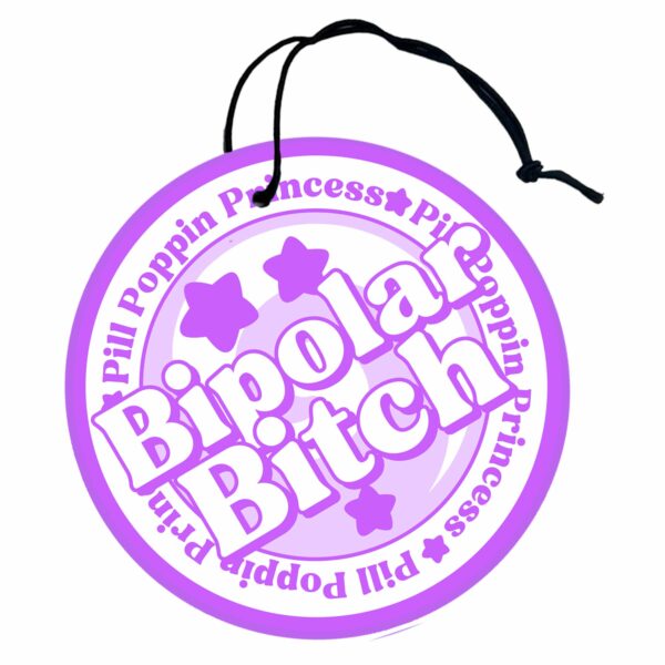 This image shows an adorable hand-drawn air freshener, Bipolar Bitch Purple Air Freshener, which is available to purchase from HunnieByte.com