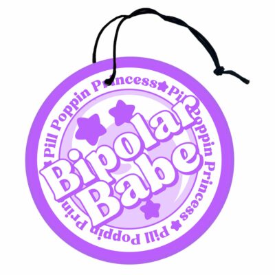 This image shows an adorable hand-drawn air freshener, Bipolar Babe Purple Air Freshener, which is available to purchase from HunnieByte.com