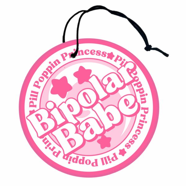 This image shows an adorable hand-drawn air freshener, Bipolar Babe Pink Air Freshener, which is available to purchase from HunnieByte.com