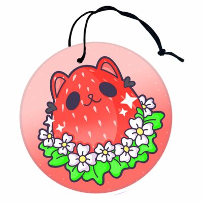 This image shows an adorable hand-drawn air freshener, Berry Kitty Air Freshener, which is available to purchase from HunnieByte.com