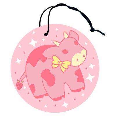 This image shows a hand-drawn adorable air freshener, Strawberry Cow Air Freshener, which is available to purchase from HunnieByte.com