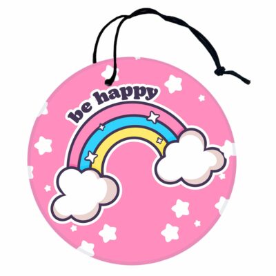 This image shows an adorable hand-drawn air freshener, Be Happy Rainbow Air Freshener, which is available to purchase from HunnieByte.com