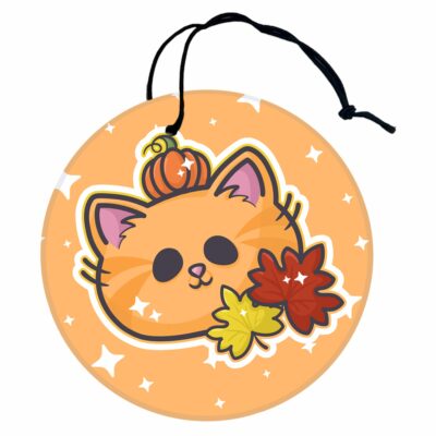 This image shows an adorable hand-drawn air freshener, Autumn Pumpkin Kitty Air Freshener, which is available to purchase from HunnieByte.com