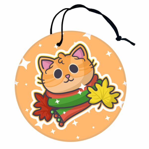 This image shows an adorable hand-drawn air freshener, Autumn Ginger Kitty Air Freshener, which is available to purchase from HunnieByte.com