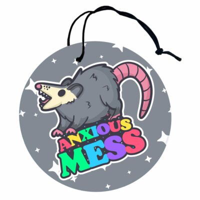 This image shows an adorable hand-drawn air freshener, Anxious Mess Possum Air Freshener, which is available to purchase from HunnieByte.com