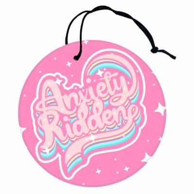 This image shows an adorable hand-drawn air freshener, Anxiety Ridden Air Freshener, which is available to purchase from HunnieByte.com