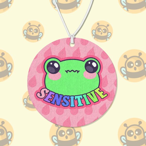 This image shows a hand-drawn adorable air freshener, Sensitive Frog Pink Air Freshener, which is available to purchase from HunnieByte.com