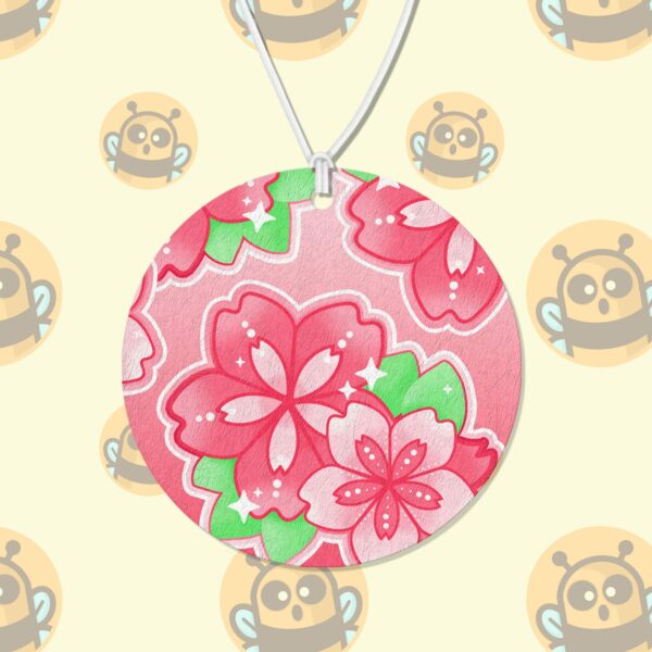 This image shows a hand-drawn adorable air freshener, Sakura Floral Air Freshener, which is available to purchase from HunnieByte.com