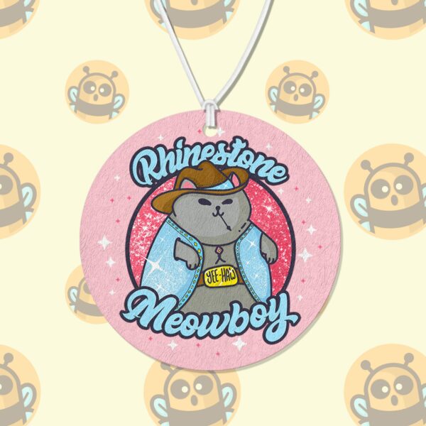 This image shows a hand-drawn adorable air freshener, Rhinestone Meowboy Air Freshener, which is available to purchase from HunnieByte.com