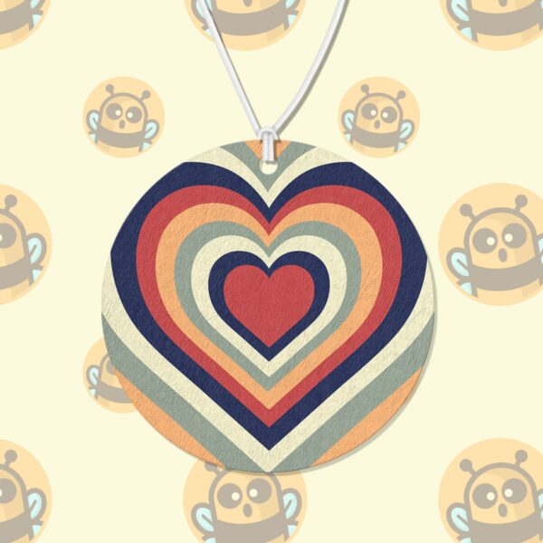 This image shows a hand-drawn adorable air freshener, Retro Hearts Air Freshener, which is available to purchase from HunnieByte.com