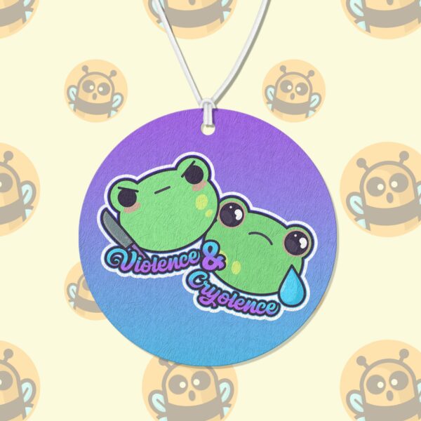 This image shows a hand-drawn adorable air freshener, Violence and Cryolence Frog Air Freshener, which is available to purchase from HunnieByte.com