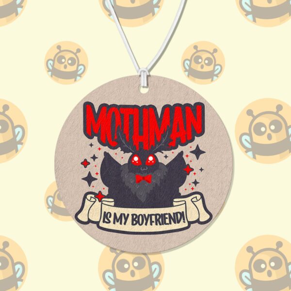 This image shows a hand-drawn adorable air freshener, Mothman Is My Boyfriend Air Freshener, which is available to purchase from HunnieByte.com