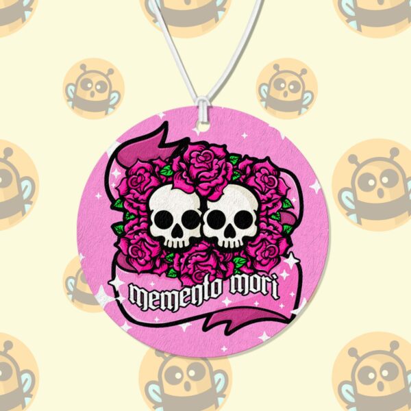 This image shows a hand-drawn adorable air freshener, Memento Mori Air Freshener, which is available to purchase from HunnieByte.com