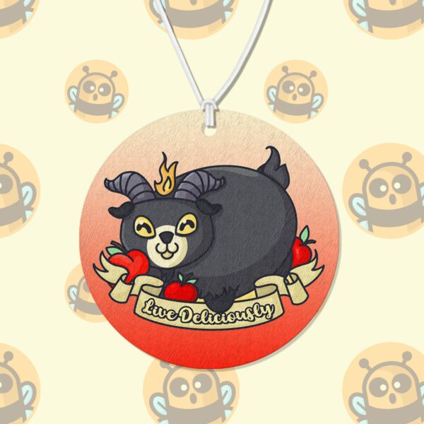 This image shows a hand-drawn adorable air freshener, Live Deliciously Air Freshener, which is available to purchase from HunnieByte.com