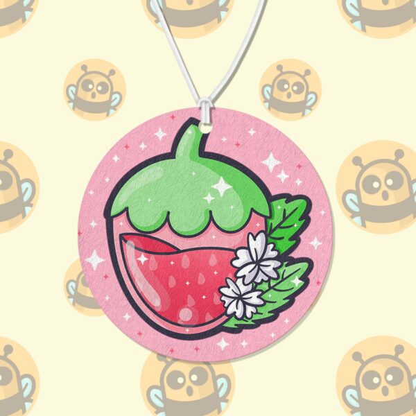 This image shows a hand-drawn adorable air freshener, Juicy Strawberry Air Freshener, which is available to purchase from HunnieByte.com