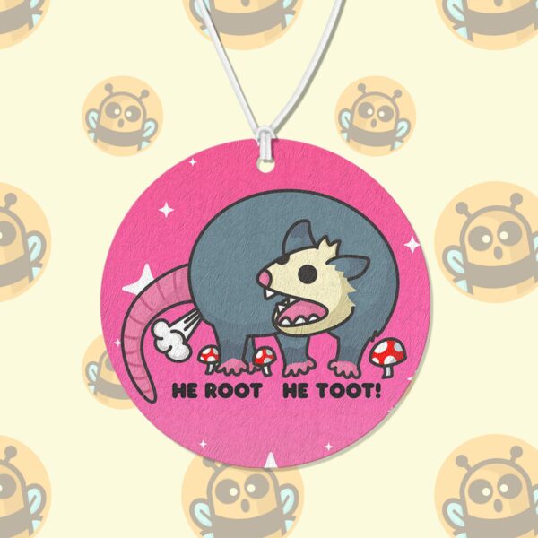 This image shows a hand-drawn adorable air freshener, He Root He Toot Possum Air Freshener, which is available to purchase from HunnieByte.com