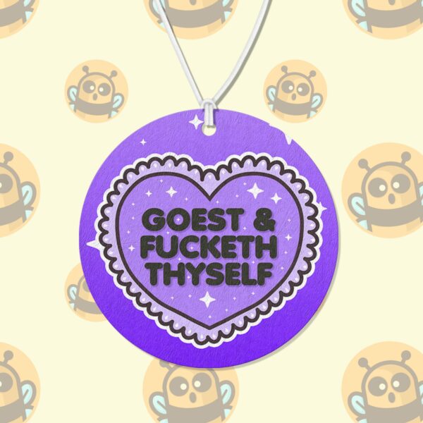 This image shows a hand-drawn adorable air freshener, Goest And Fucketh Thyself Purple Air Freshener, which is available to purchase from HunnieByte.com