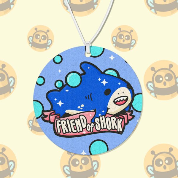 This image shows a hand-drawn adorable air freshener, Friend of Shork Shark Air Freshener, which is available to purchase from HunnieByte.com