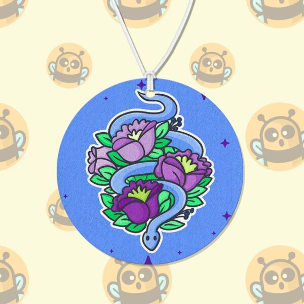 This image shows a hand-drawn adorable air freshener, Floral Snake Air Freshener, which is available to purchase from HunnieByte.com