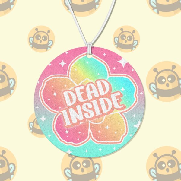 This image shows an adorable hand-drawn air freshener, Dead Inside Flower Air Freshener, which is available to purchase from HunnieByte.com