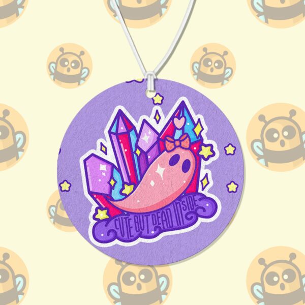 This image shows an adorable hand-drawn air freshener, Cute But Dead Inside Air Freshener, which is available to purchase from HunnieByte.com