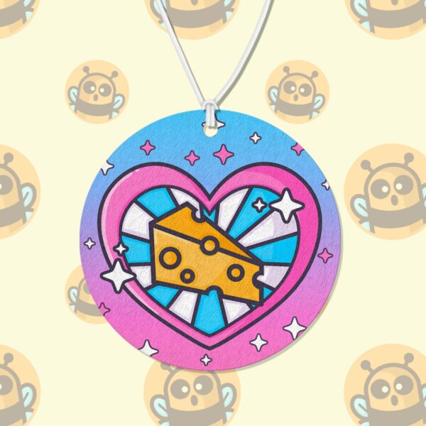 This image shows an adorable hand-drawn air freshener, Cheese Air Freshener, which is available to purchase from HunnieByte.com