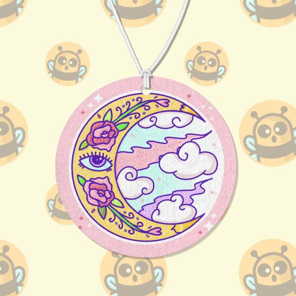 This image shows an adorable hand-drawn air freshener, Celestial Moon Air Freshener, which is available to purchase from HunnieByte.com