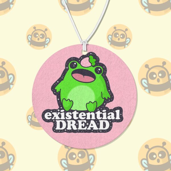 This image shows an adorable hand-drawn air freshener, Boopie Existential Air Freshener, which is available to purchase from HunnieByte.com