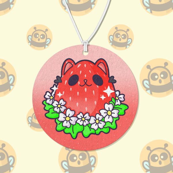 This image shows an adorable hand-drawn air freshener, Berry Kitty Air Freshener, which is available to purchase from HunnieByte.com