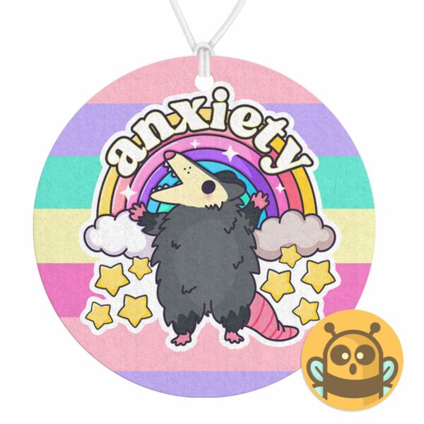 This image shows an adorable hand-drawn air freshener, Anxiety Rainbow Possum Air Freshener, which is available to purchase from HunnieByte.com