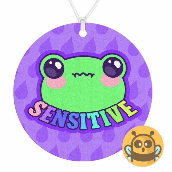 This image shows a hand-drawn adorable air freshener, Sensitive Frog Purple Air Freshener, which is available to purchase from HunnieByte.com