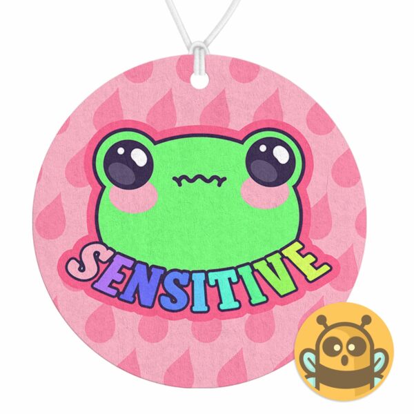 This image shows a hand-drawn adorable air freshener, Sensitive Frog Pink Air Freshener, which is available to purchase from HunnieByte.com