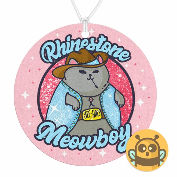 This image shows a hand-drawn adorable air freshener, Rhinestone Meowboy Air Freshener, which is available to purchase from HunnieByte.com