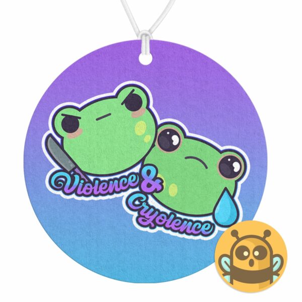 This image shows a hand-drawn adorable air freshener, Violence and Cryolence Frog Air Freshener, which is available to purchase from HunnieByte.com