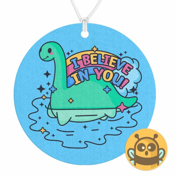 This image shows a hand-drawn adorable air freshener, Nessie I Believe In You Air Freshener, which is available to purchase from HunnieByte.com