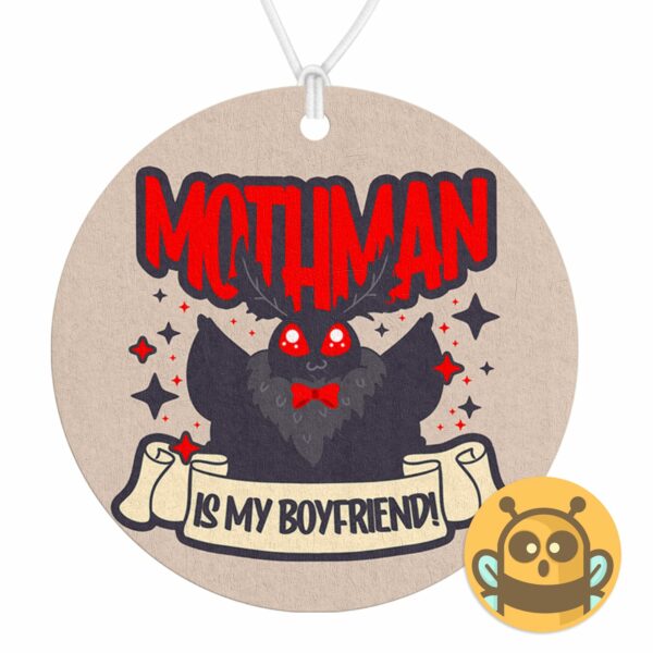 This image shows a hand-drawn adorable air freshener, Mothman Is My Boyfriend Air Freshener, which is available to purchase from HunnieByte.com