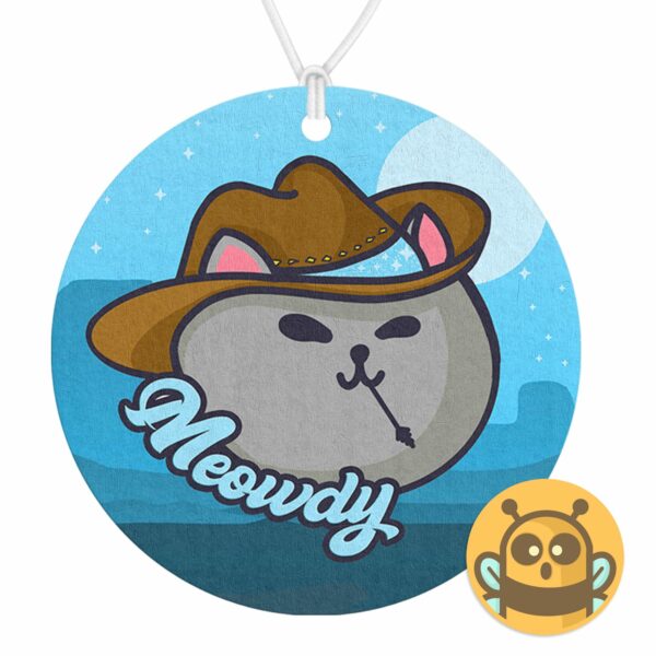 This image shows a hand-drawn adorable air freshener, Meowdy Meowboy Air Freshener, which is available to purchase from HunnieByte.com