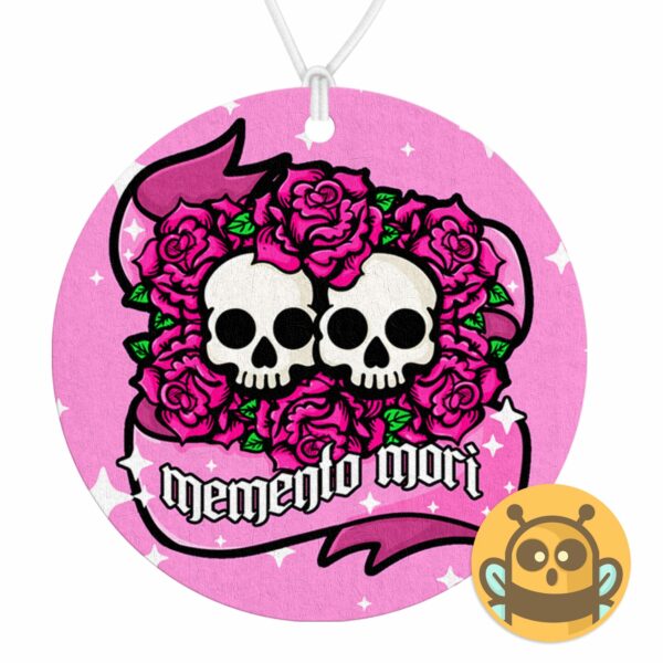 This image shows a hand-drawn adorable air freshener, Memento Mori Air Freshener, which is available to purchase from HunnieByte.com