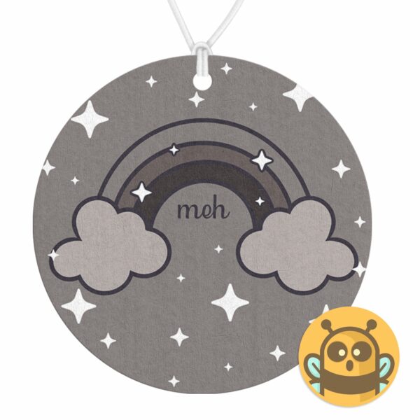 This image shows a hand-drawn adorable air freshener, Meh Rainbow Grayscale Air Freshener, which is available to purchase from HunnieByte.com