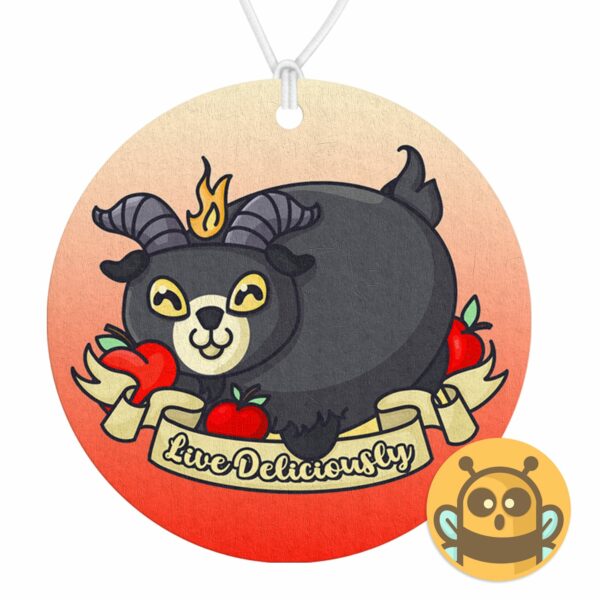 This image shows a hand-drawn adorable air freshener, Live Deliciously Air Freshener, which is available to purchase from HunnieByte.com