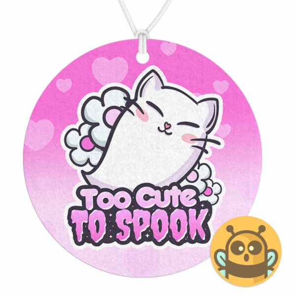 This image shows a hand-drawn adorable air freshener, Too Cute To Spook Air Freshener, which is available to purchase from HunnieByte.com