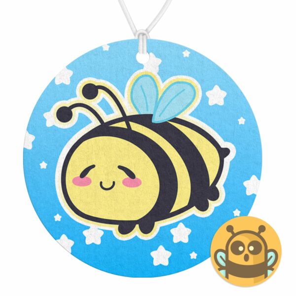 This image shows a hand-drawn adorable air freshener, Little Bee Air Freshener, which is available to purchase from HunnieByte.com