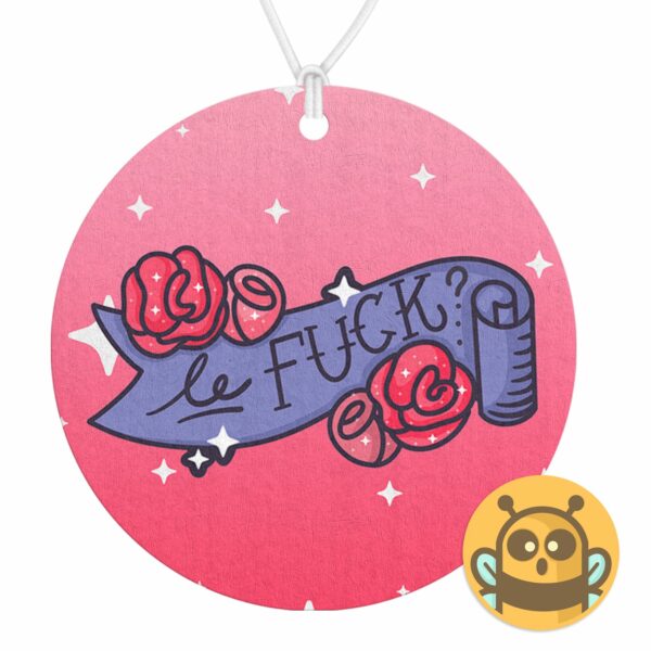 This image shows a hand-drawn adorable air freshener, Le Fuck Air Freshener, which is available to purchase from HunnieByte.com