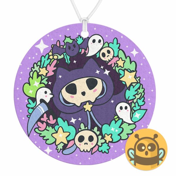 This image shows a hand-drawn adorable air freshener, Kitty Reaper Air Freshener, which is available to purchase from HunnieByte.com