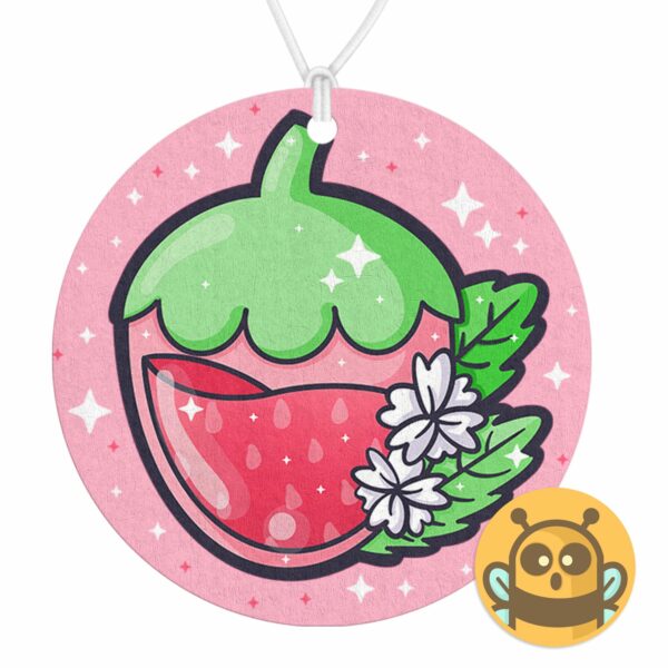 This image shows a hand-drawn adorable air freshener, Juicy Strawberry Air Freshener, which is available to purchase from HunnieByte.com