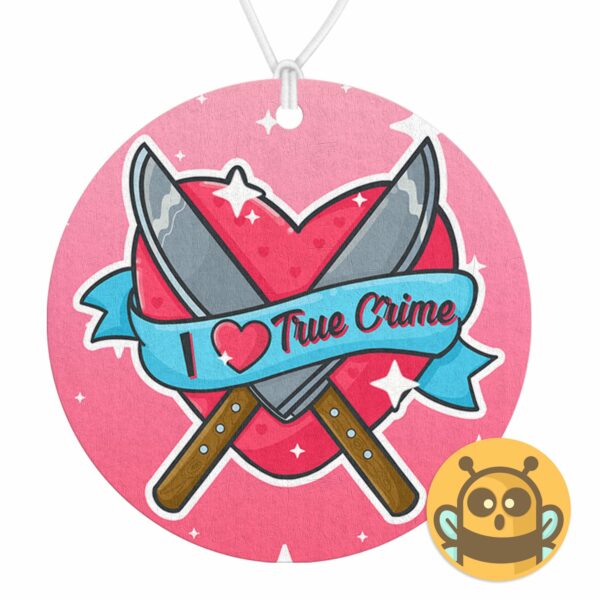 This image shows a hand-drawn adorable air freshener, I Love True Crime Air Freshener, which is available to purchase from HunnieByte.com