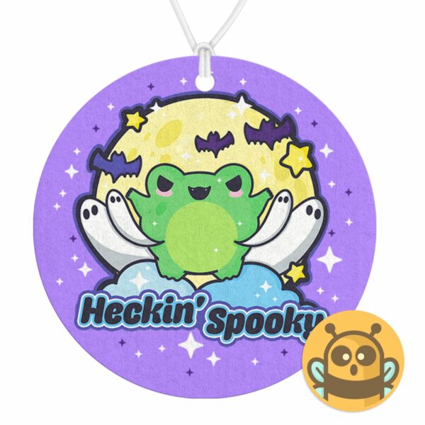 This image shows a hand-drawn adorable air freshener, Heckin Spooky Purple Air Freshener, which is available to purchase from HunnieByte.com