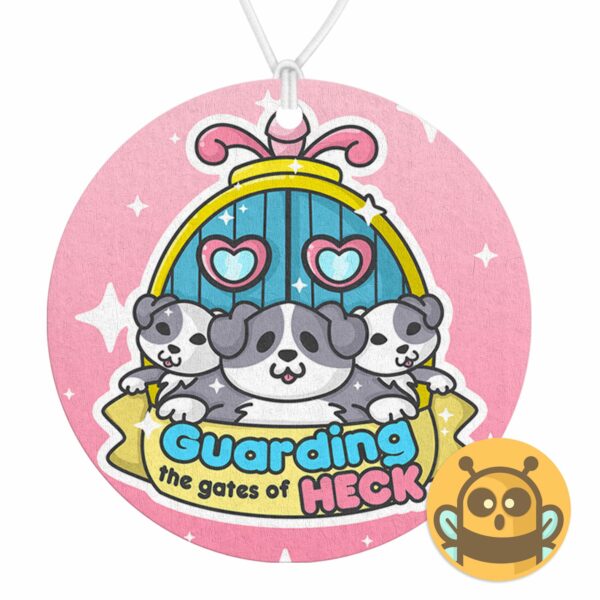 This image shows a hand-drawn adorable air freshener, Guarding The Gates Of Heck Air Freshener, which is available to purchase from HunnieByte.com