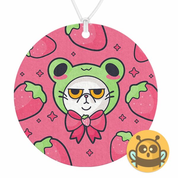 This image shows a hand-drawn adorable air freshener, Grumpy Strawberry Cat Air Freshener, which is available to purchase from HunnieByte.com