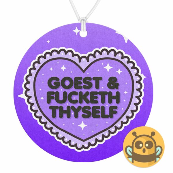 This image shows a hand-drawn adorable air freshener, Goest And Fucketh Thyself Purple Air Freshener, which is available to purchase from HunnieByte.com